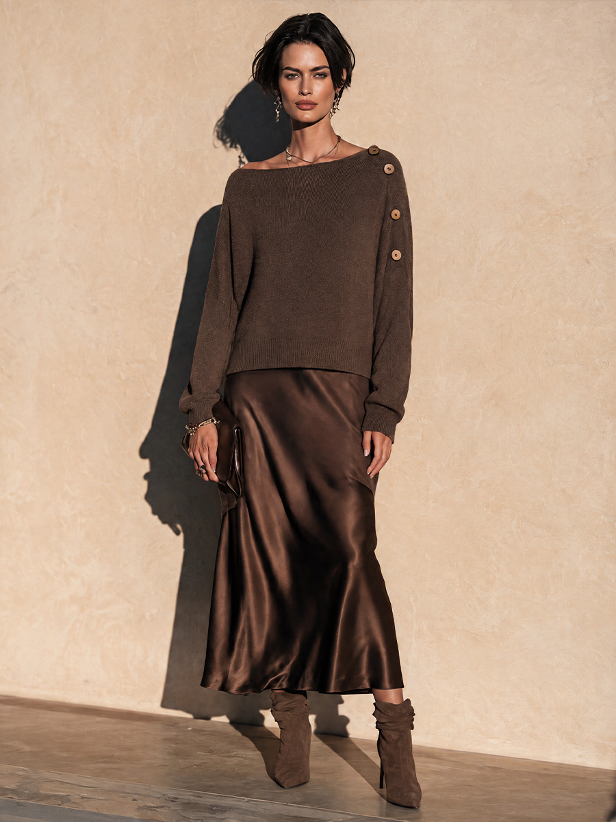 Women's Elegant Knit Top and Satin Maxi Skirt Set