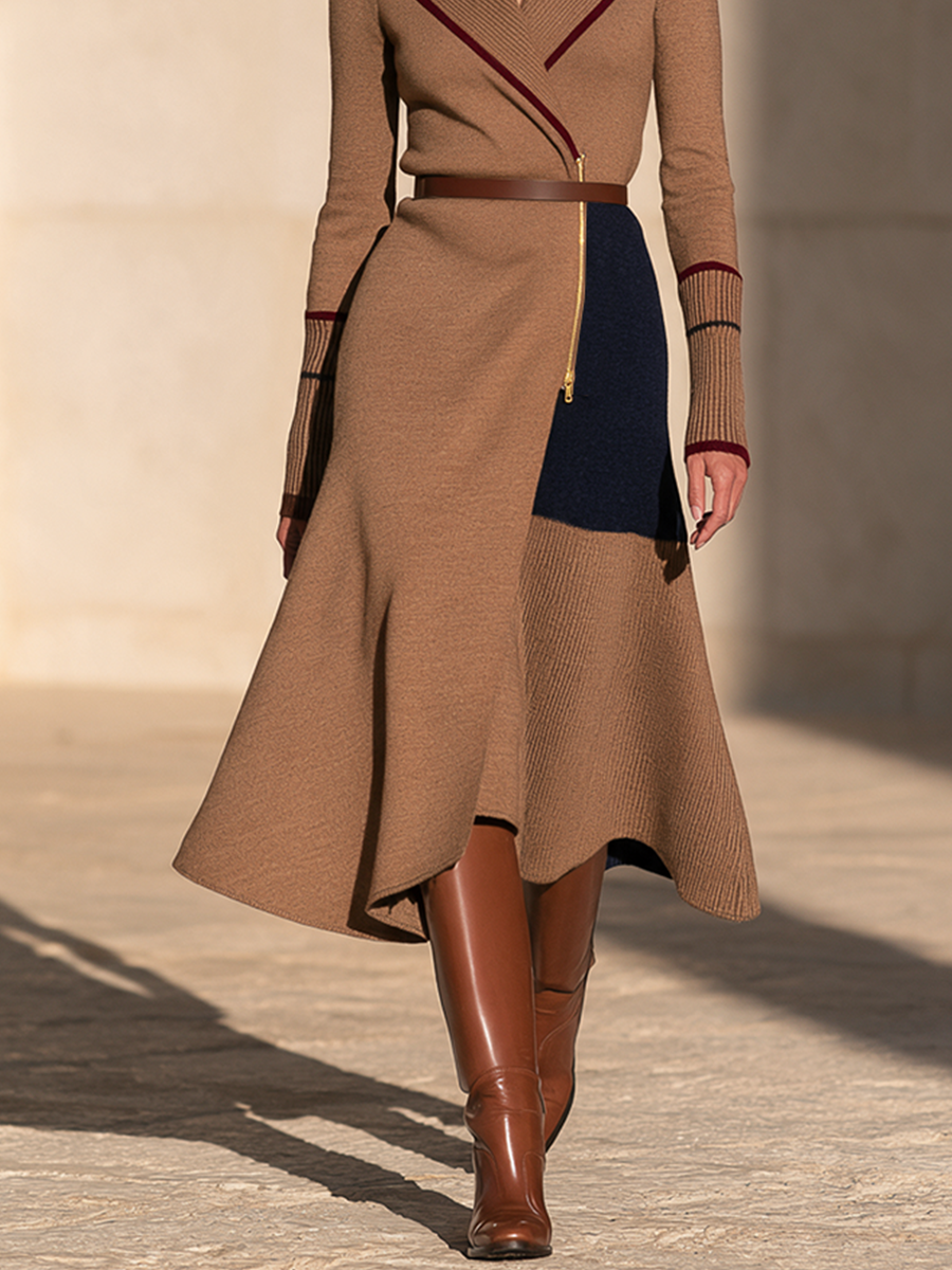 Women's Fitted Color Block Knit Midi Dress Event Camel