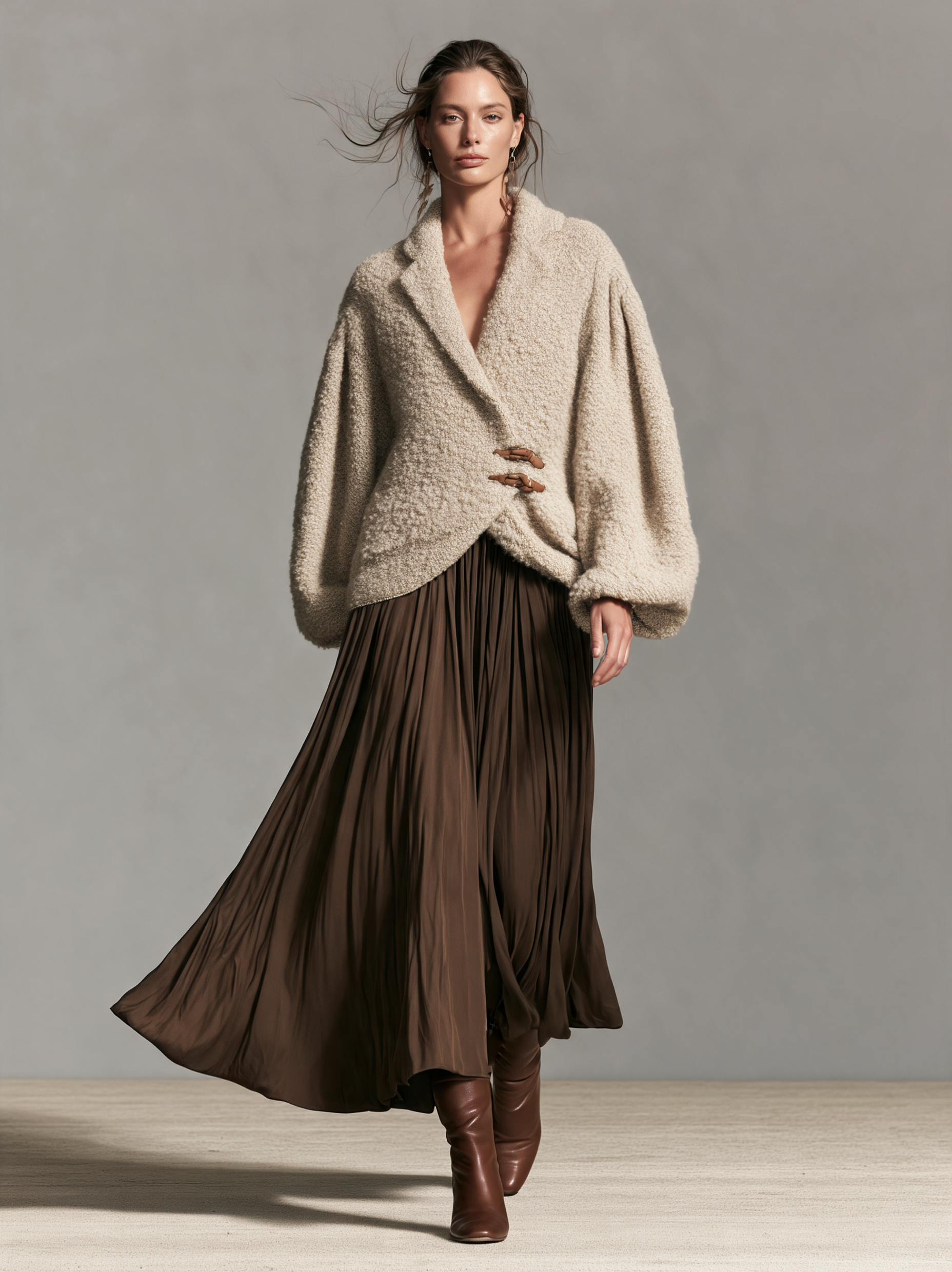 Women's Casual Beige Long-Sleeve Knit Jacket