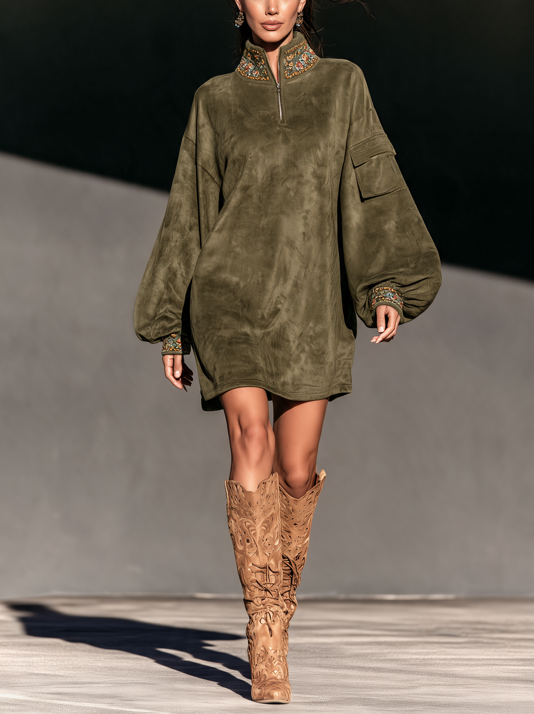 Women's Casual Olive Green Suede Embroidered Long-Sleeve Mini Dress
