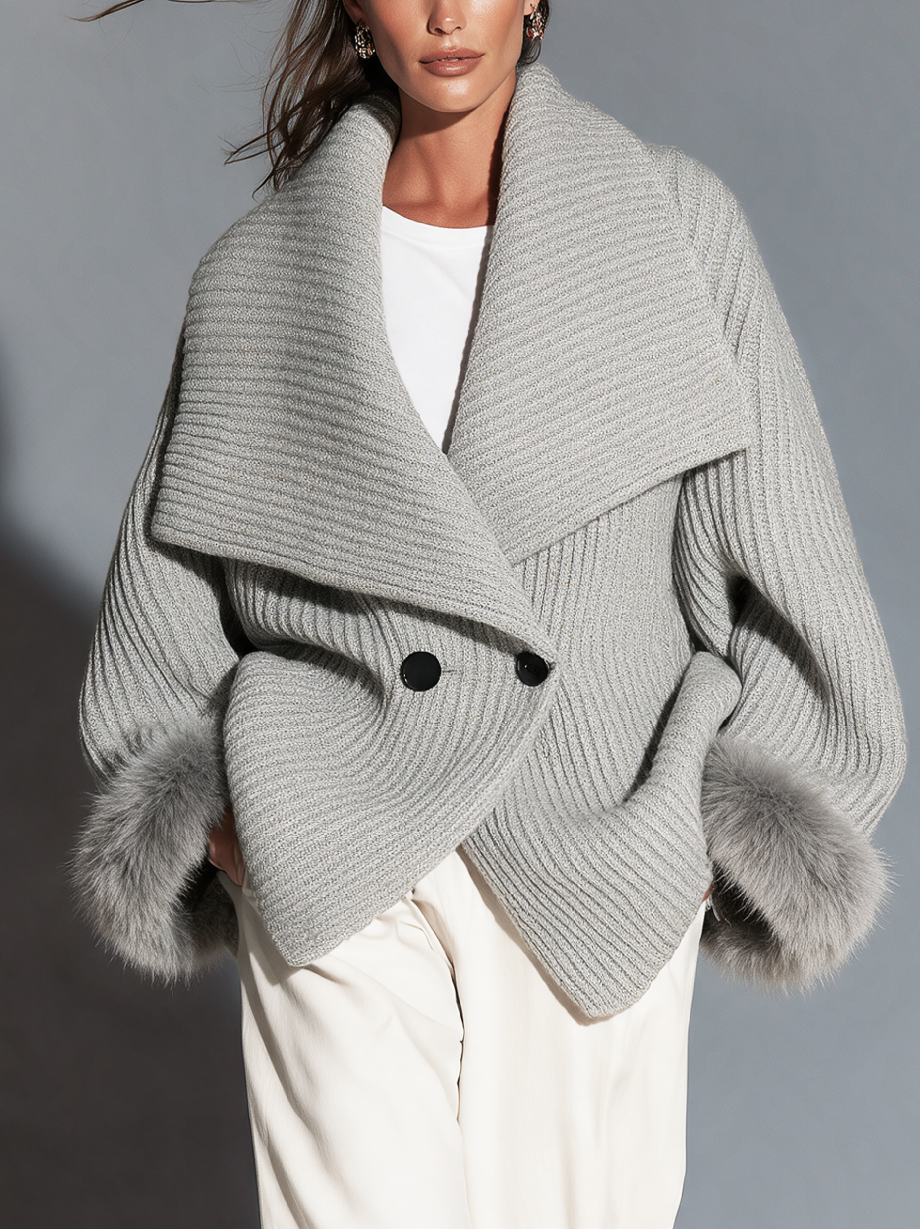 Women's Casual Grey Knit Long-Sleeve Cardigan With Collar