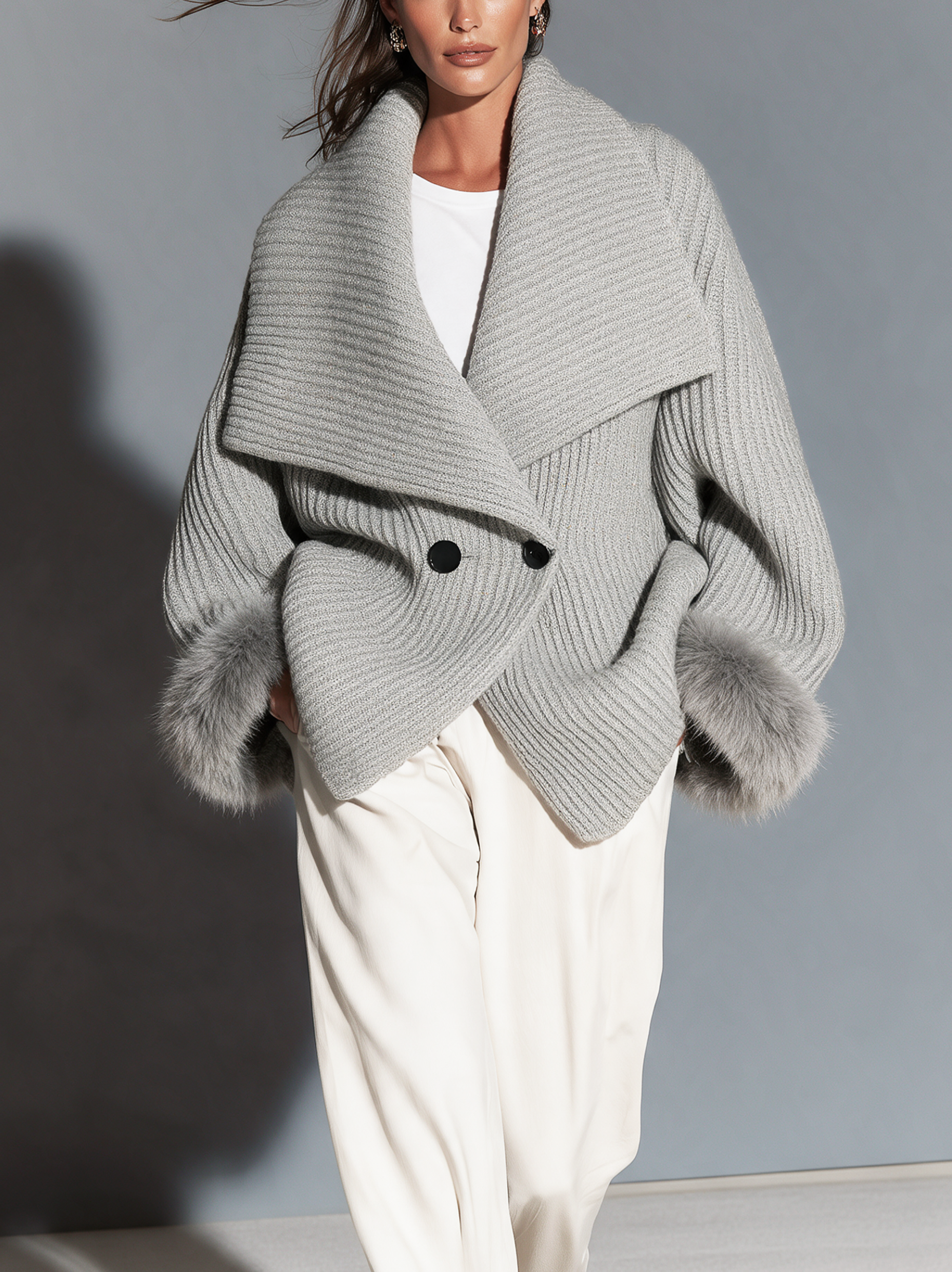 Women's Casual Grey Knit Long-Sleeve Cardigan With Collar