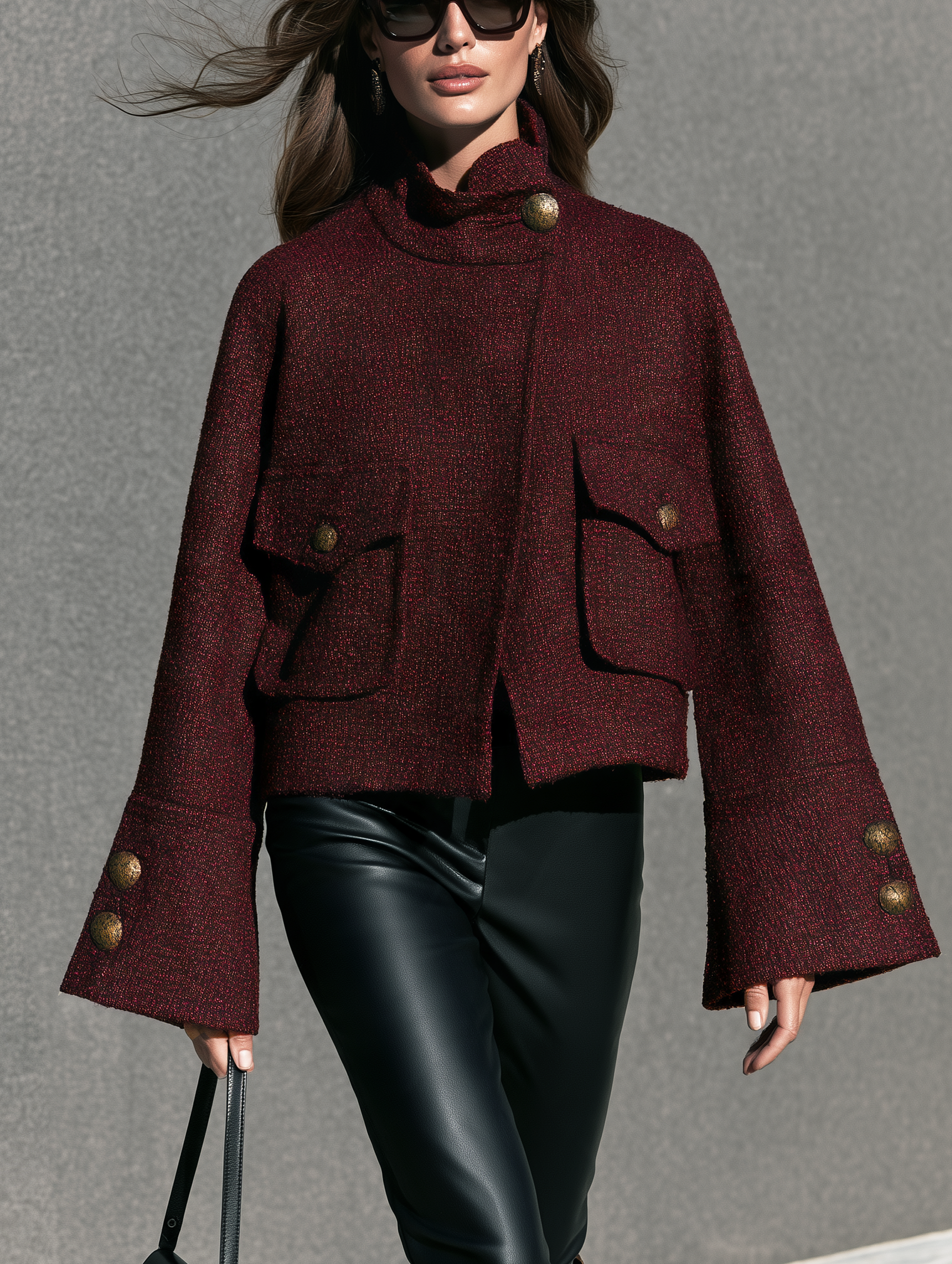 Women's Casual Chanel-style Long-sleeved Tweed Jacket In Dark Red
