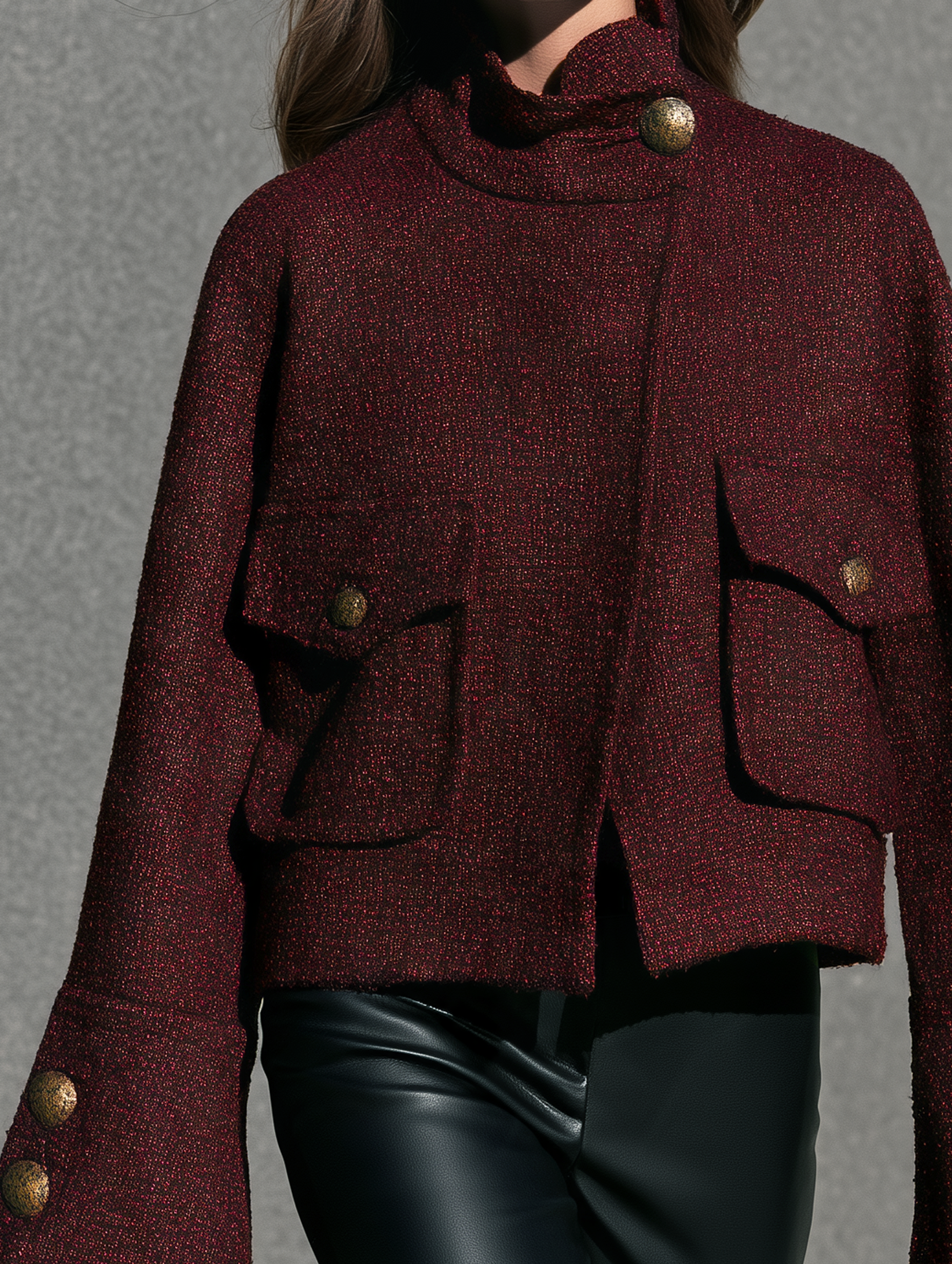 Women's Casual Chanel-style Long-sleeved Tweed Jacket In Dark Red