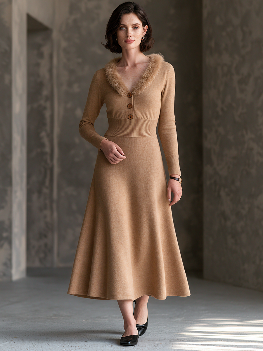 Women's Vintage Knit Midi Dress With Faux Fur Trim