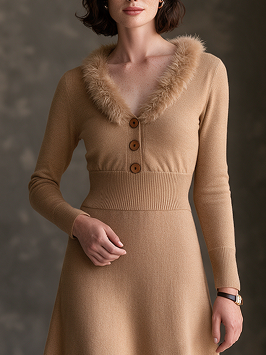 Women's Vintage Knit Midi Dress With Faux Fur Trim