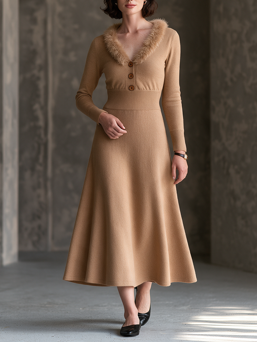 Women's Vintage Knit Midi Dress With Faux Fur Trim