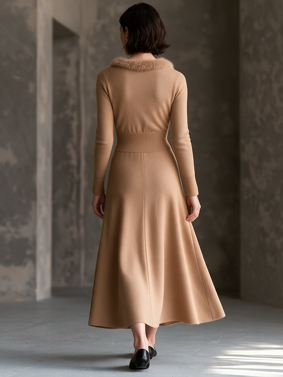 Women's Vintage Knit Midi Dress With Faux Fur Trim