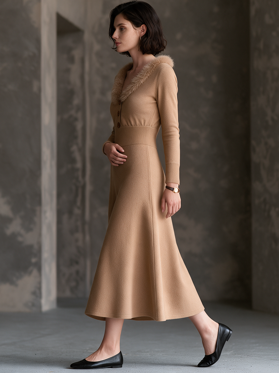 Women's Vintage Knit Midi Dress With Faux Fur Trim