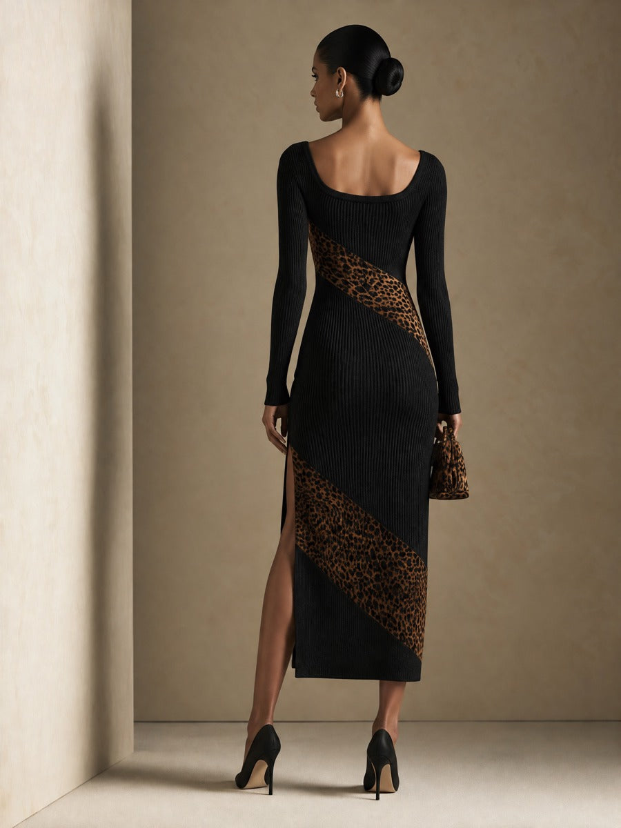 Women's Square Neck Bodycon Midi Dress with Leopard Print Panels