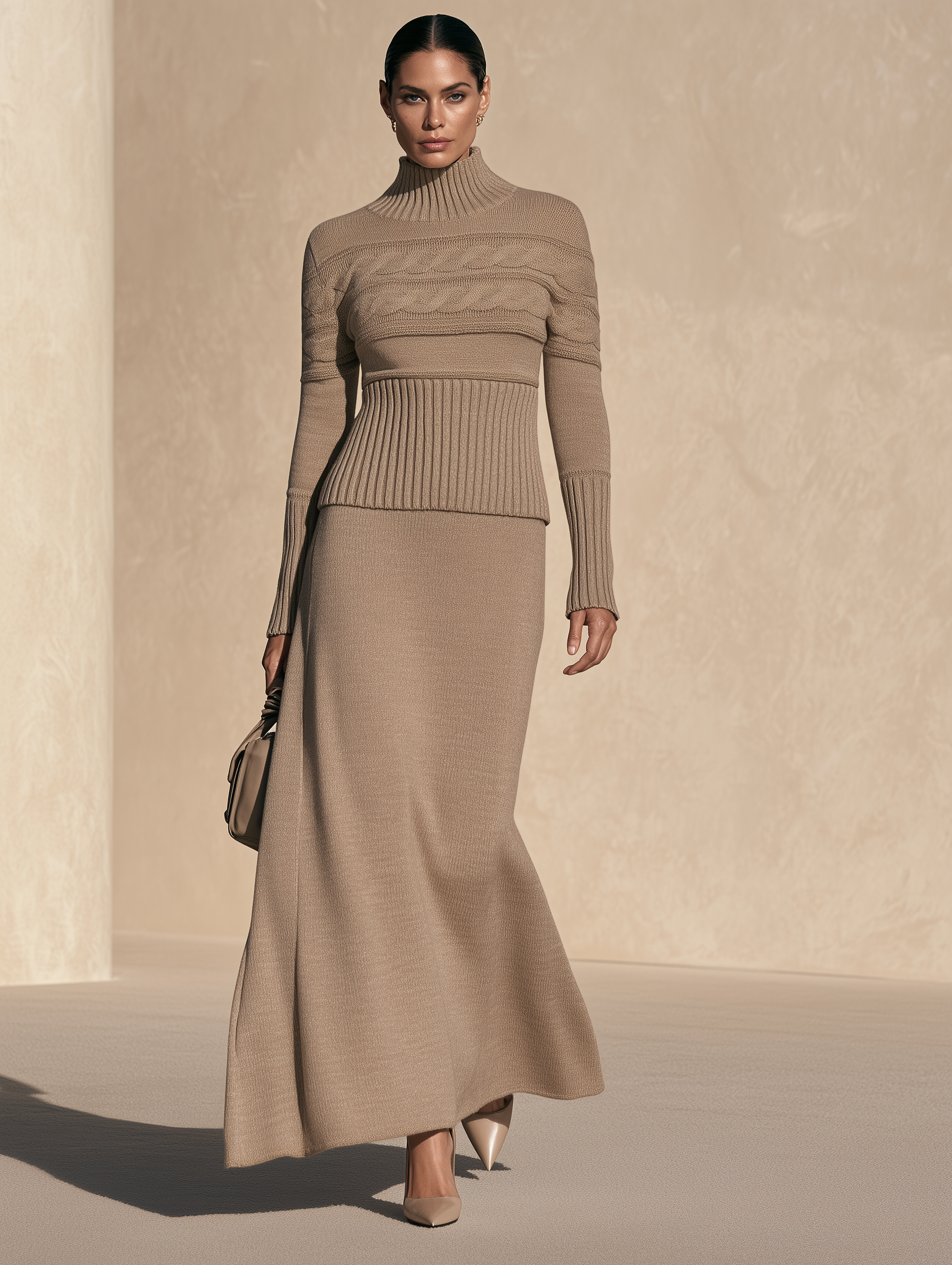 Women's Cable Knit Sweater and Maxi Knit Skirt Set
