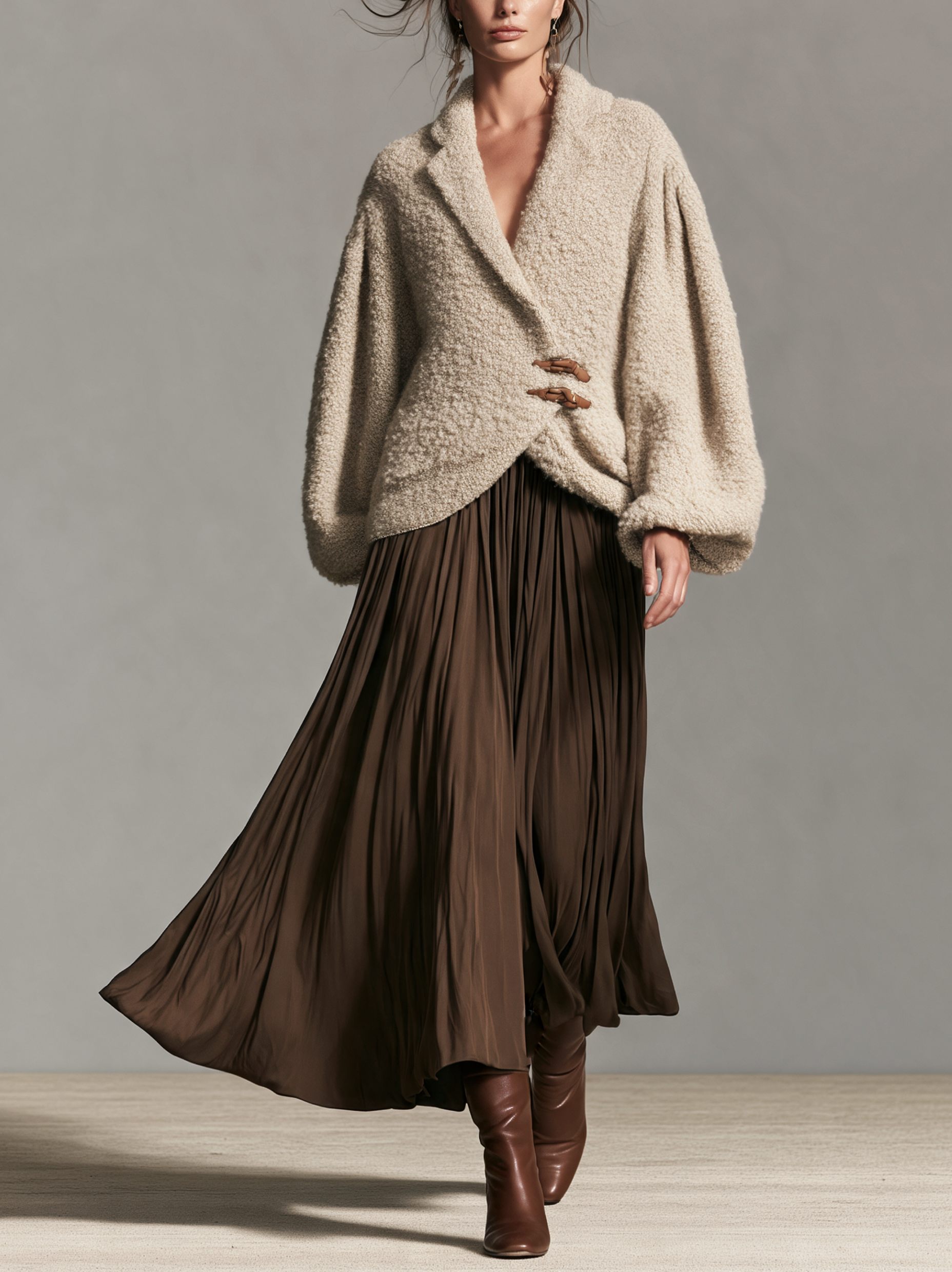 Women's Casual Dark Brown Satin Midi Skirt