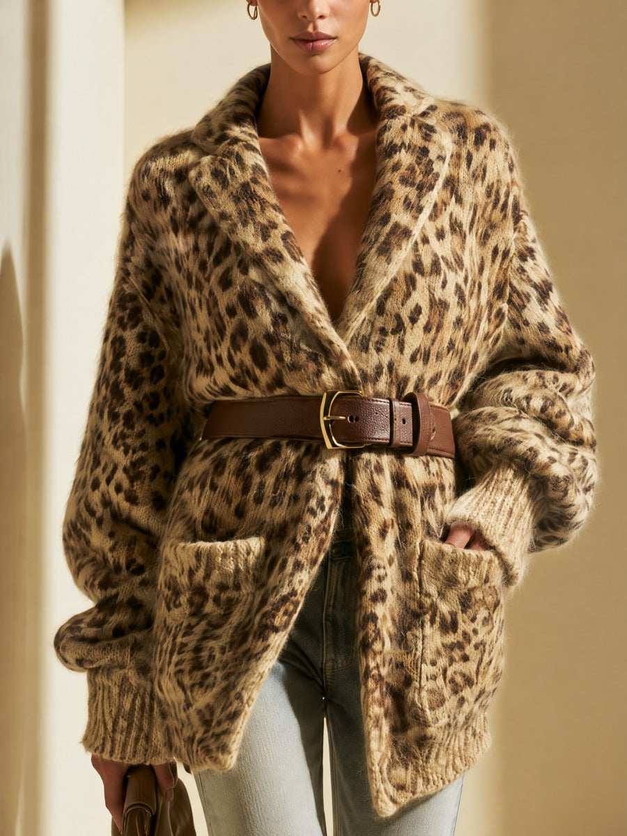 Women's Oversized Leopard Print Fuzzy Knit Cardigan