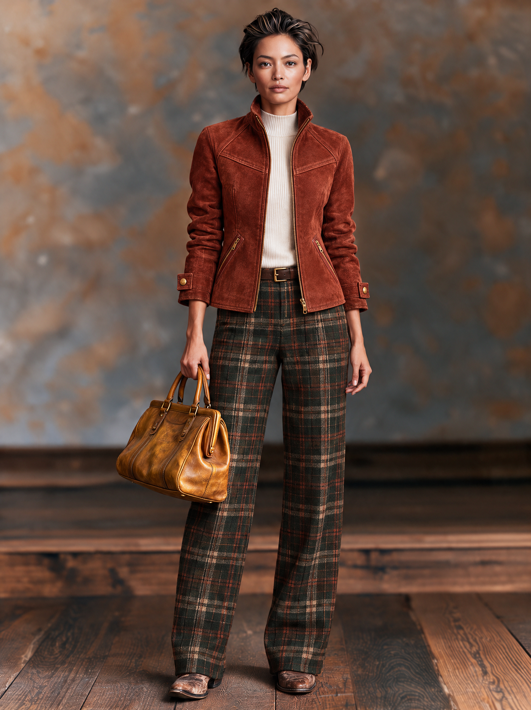 Women's Vintage Suede Zip-Up Jacket With Stand Collar