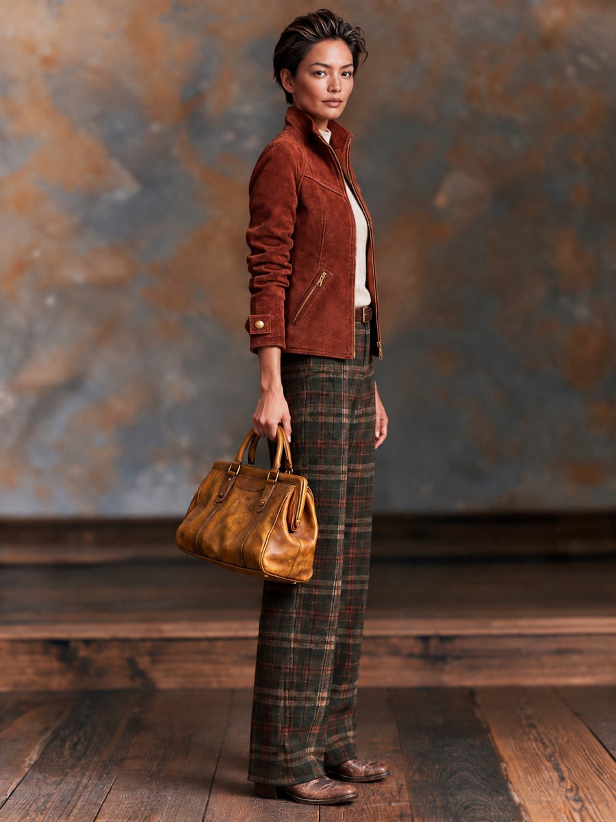 Women's Vintage Suede Zip-Up Jacket With Stand Collar