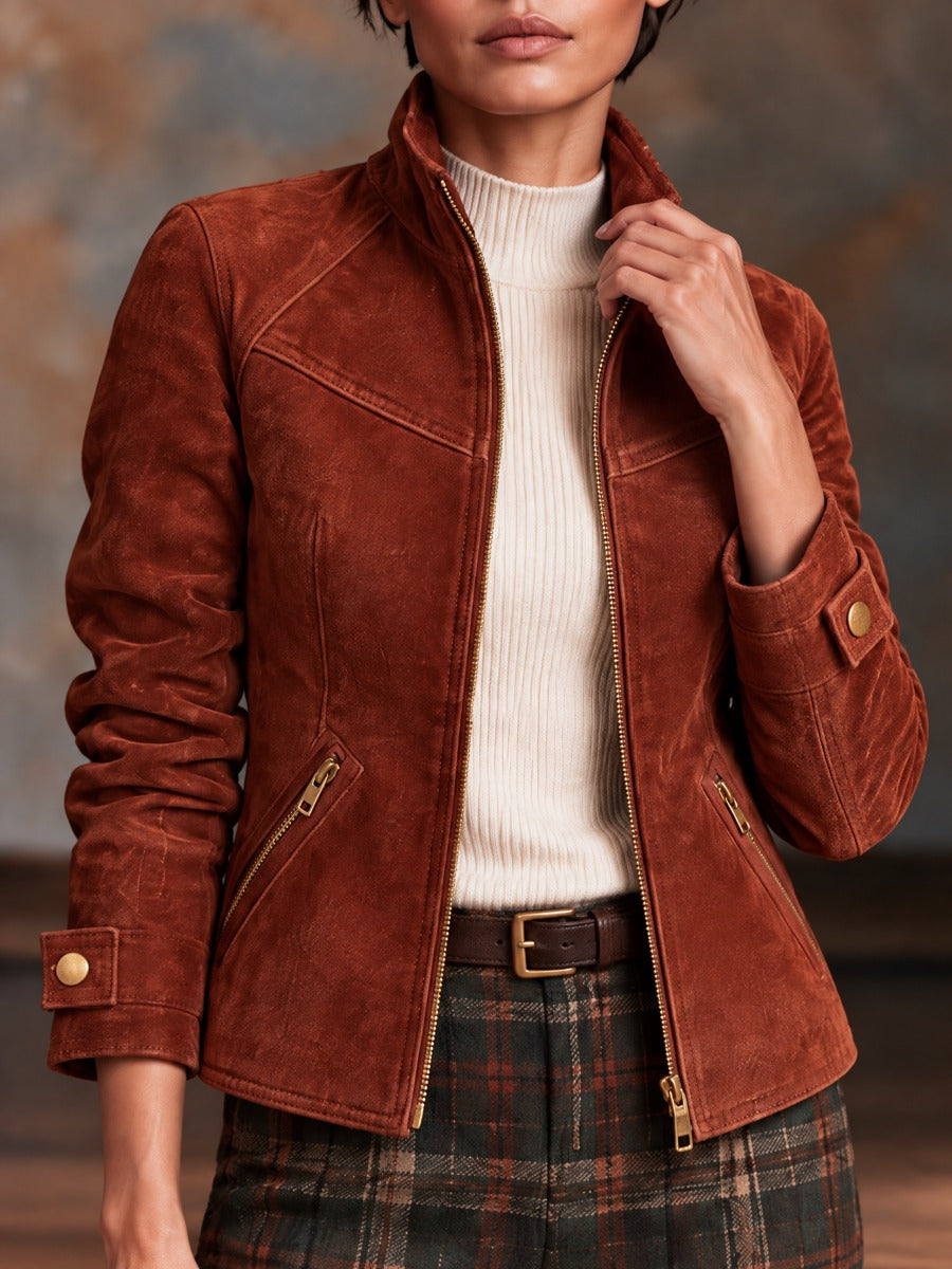 Women's Vintage Suede Zip-Up Jacket With Stand Collar