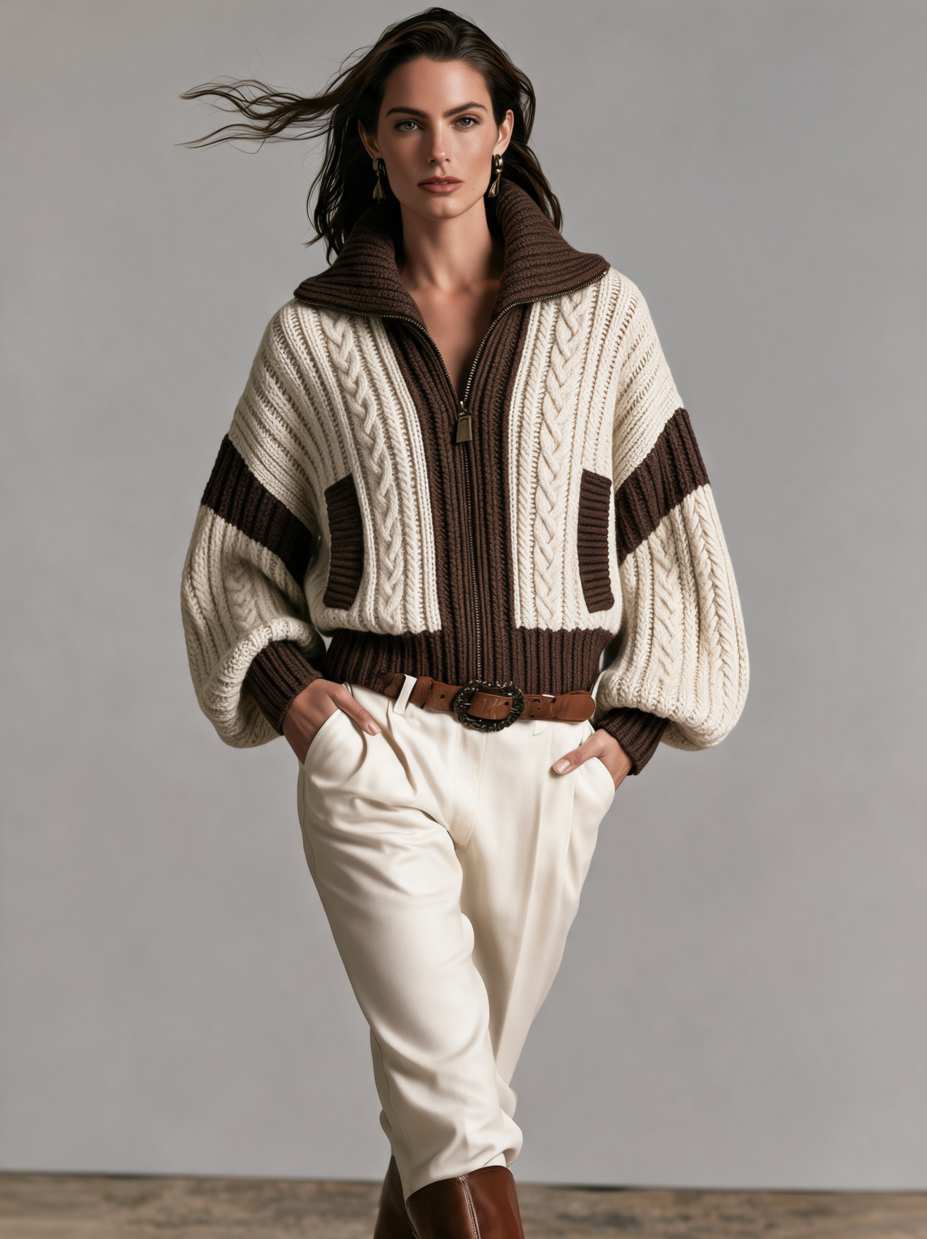Women's Casual Long-sleeve Knit Coat In Beige And Brown.
