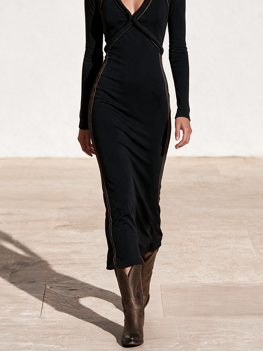 Women's Black Long Sleeve Crossover V-Neck Bodycon Midi Dress