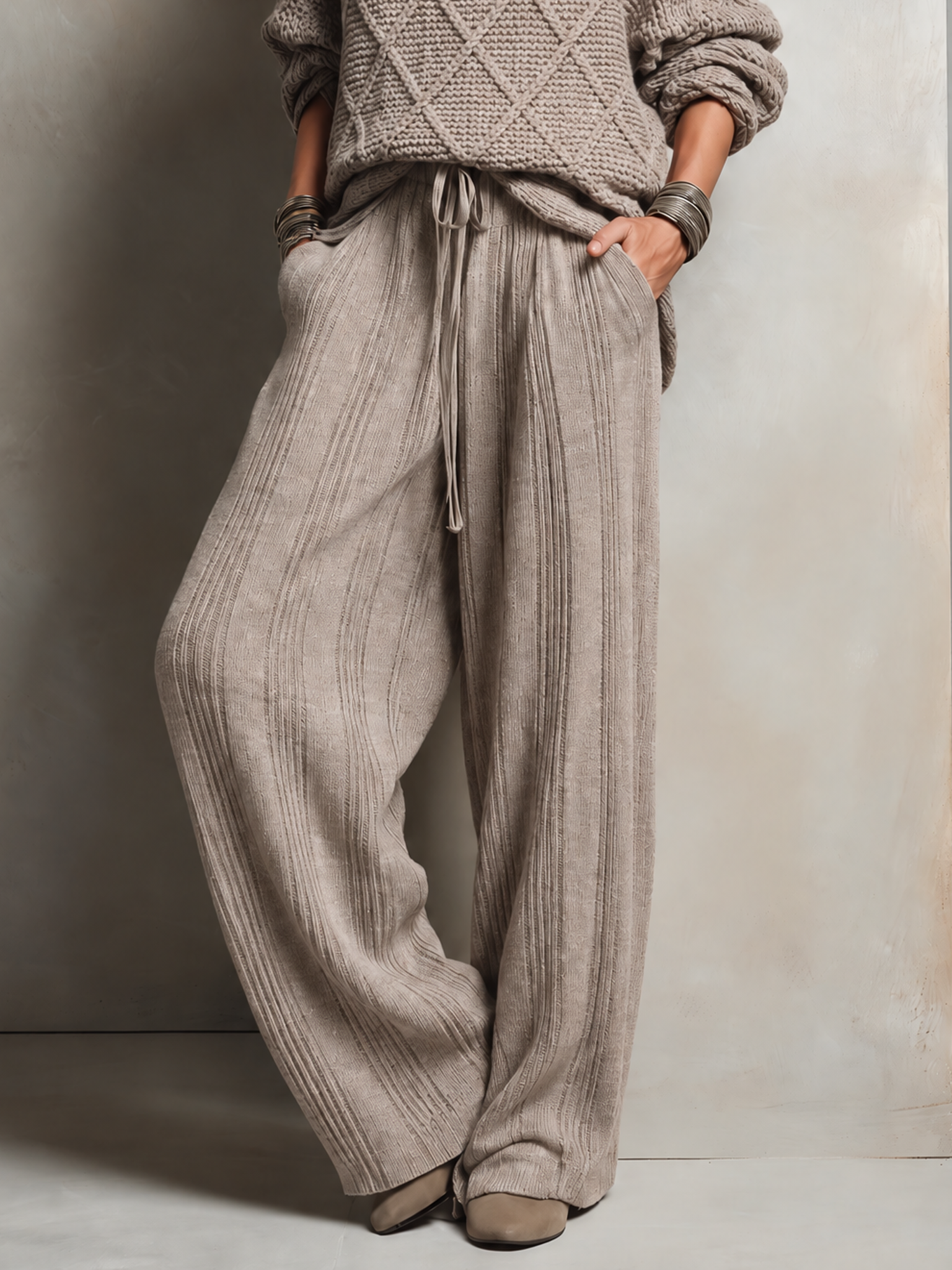 Women's Retro Ribbed-Panel Knit Wide-Leg Pants