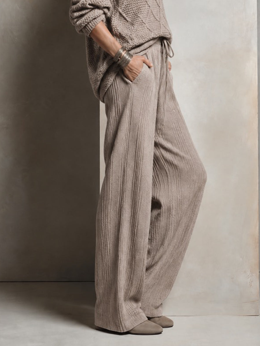 Women's Retro Ribbed-Panel Knit Wide-Leg Pants