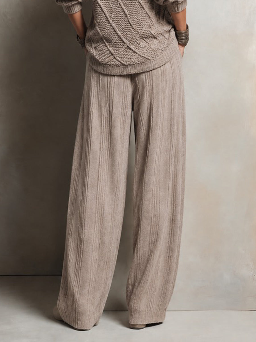 Women's Retro Ribbed-Panel Knit Wide-Leg Pants
