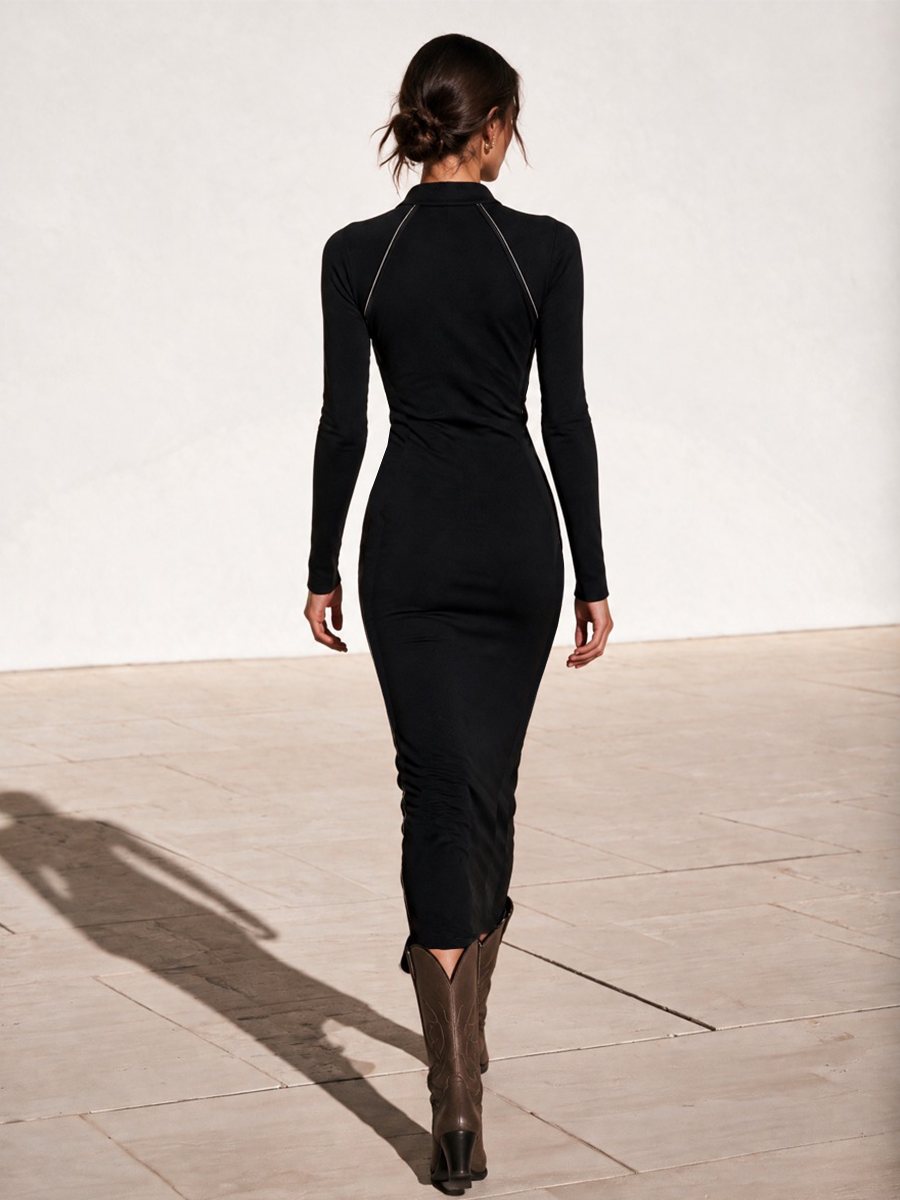 Women's Black Long Sleeve Crossover V-Neck Bodycon Midi Dress