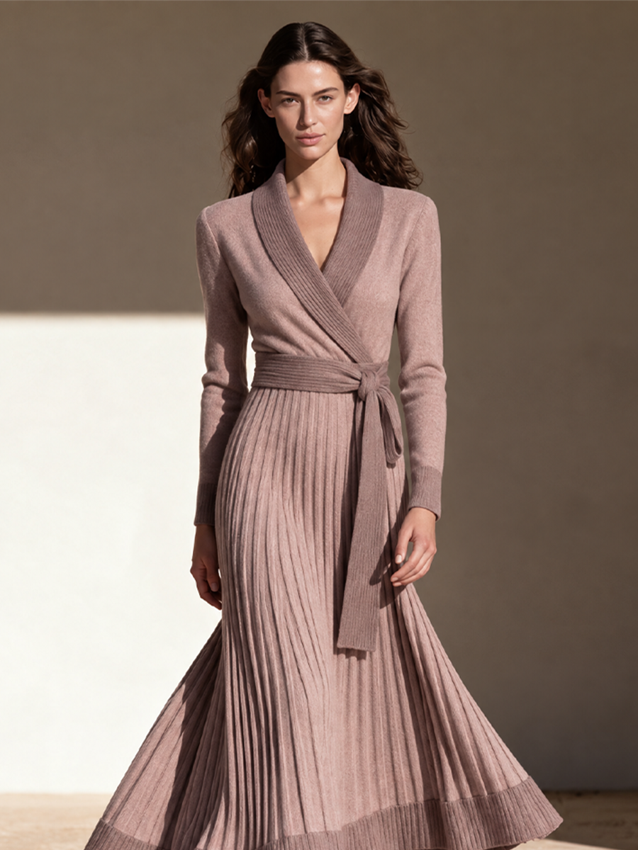 Women's Dusty Rose Shawl Collar Knit Wrap Dress