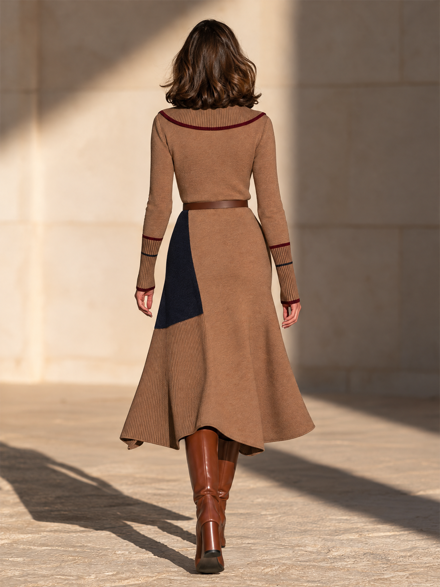 Women's Fitted Color Block Knit Midi Dress Event Camel