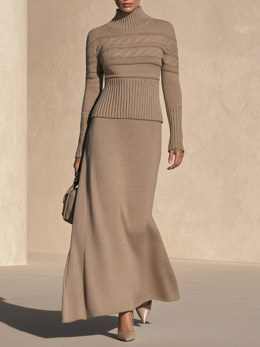 Women's Cable Knit Sweater and Maxi Knit Skirt Set