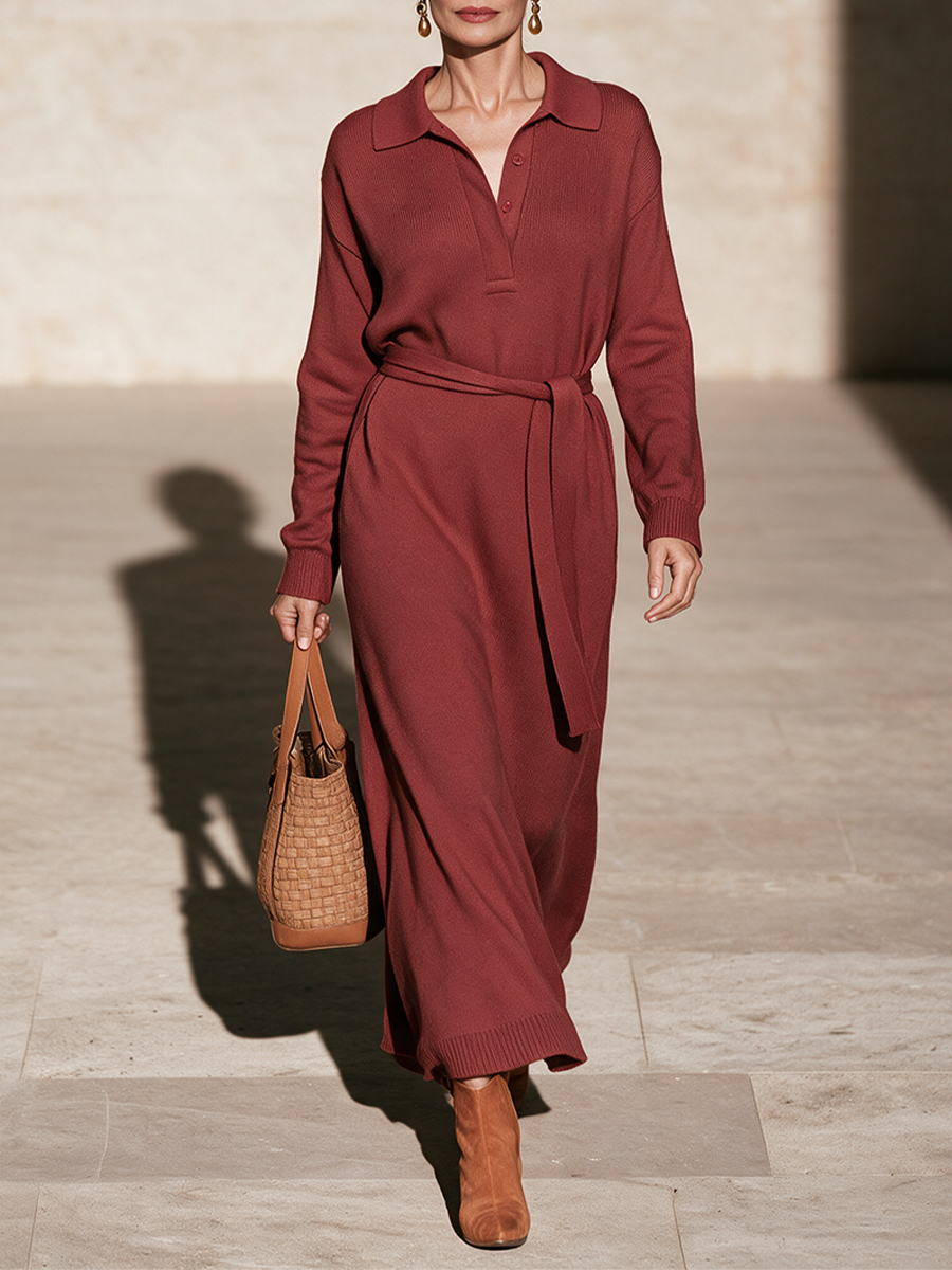 Women's Rust Red Polo Collar Knit Maxi Sweater Dress