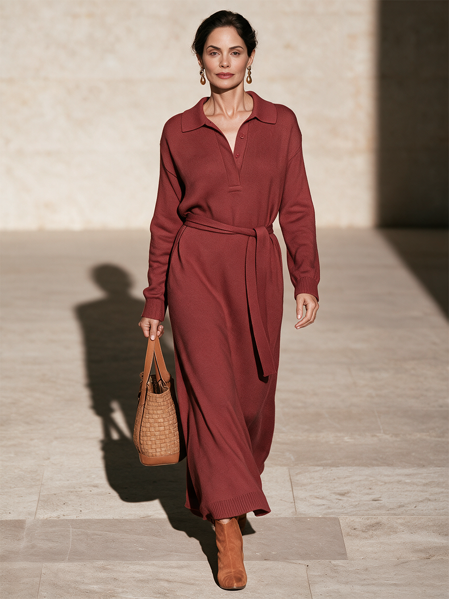 Women's Rust Red Polo Collar Knit Maxi Sweater Dress