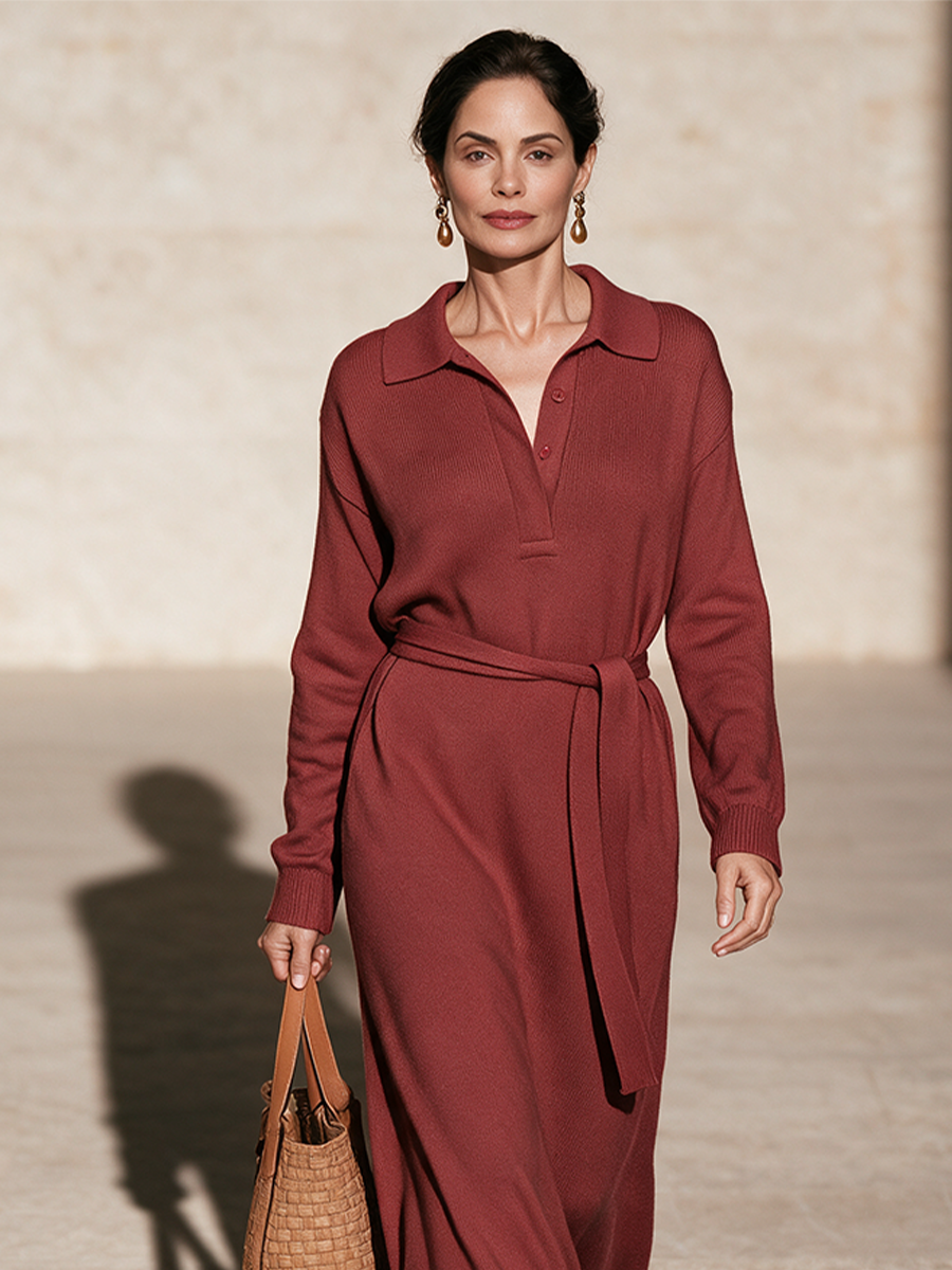 Women's Rust Red Polo Collar Knit Maxi Sweater Dress