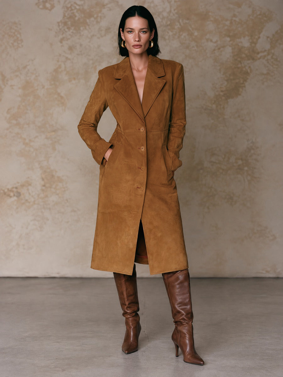 Women's Vintage Suede Single-Breasted Coat With Cinched Waist