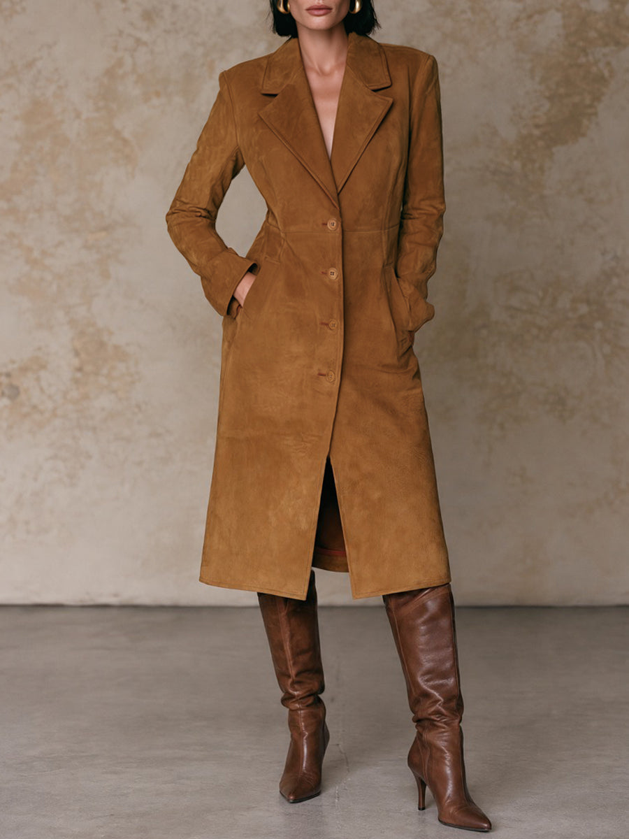 Women's Vintage Suede Single-Breasted Coat With Cinched Waist