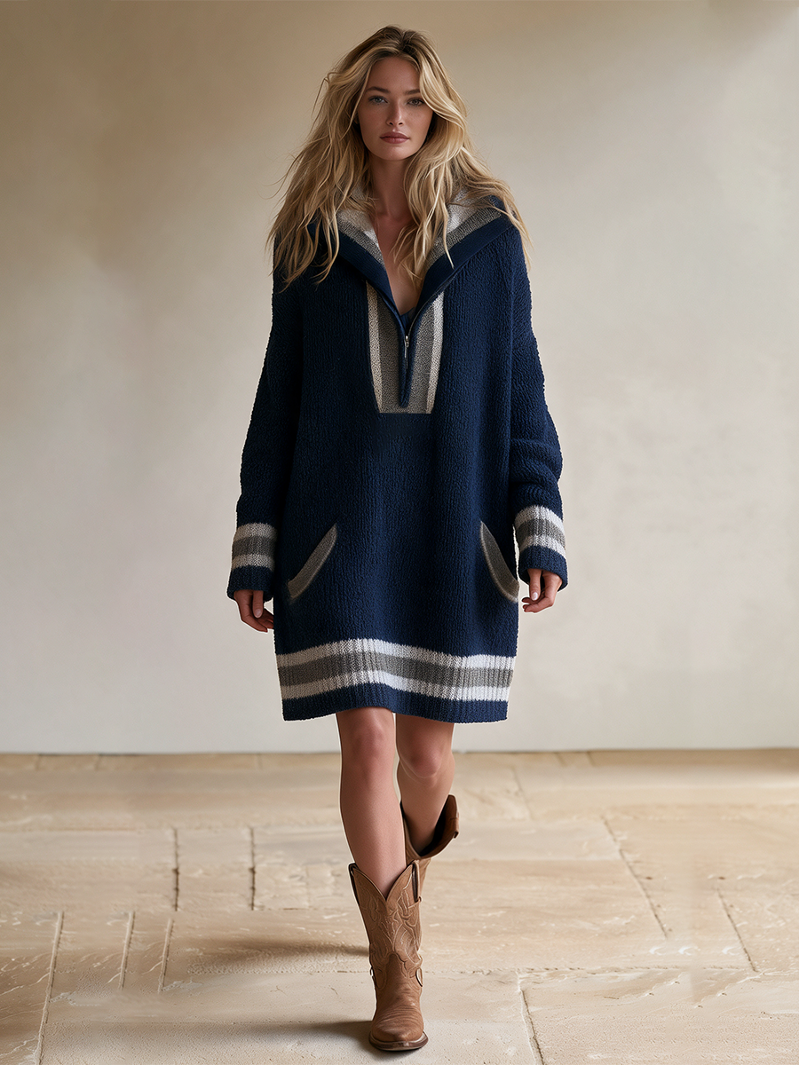 Women's Navy Oversized Half-Zip Sweater Dress