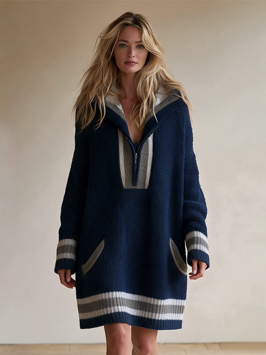 Women's Navy Oversized Half-Zip Sweater Dress