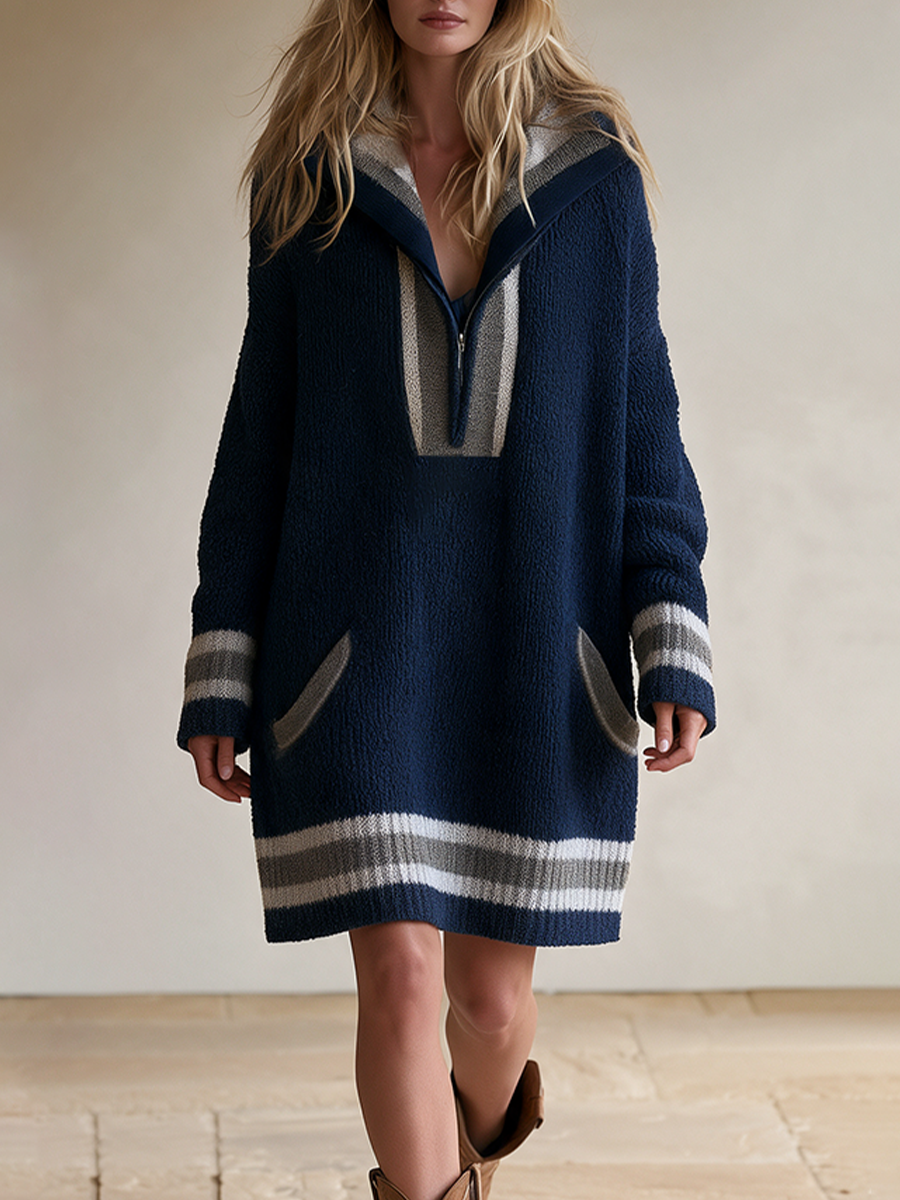 Women's Navy Oversized Half-Zip Sweater Dress