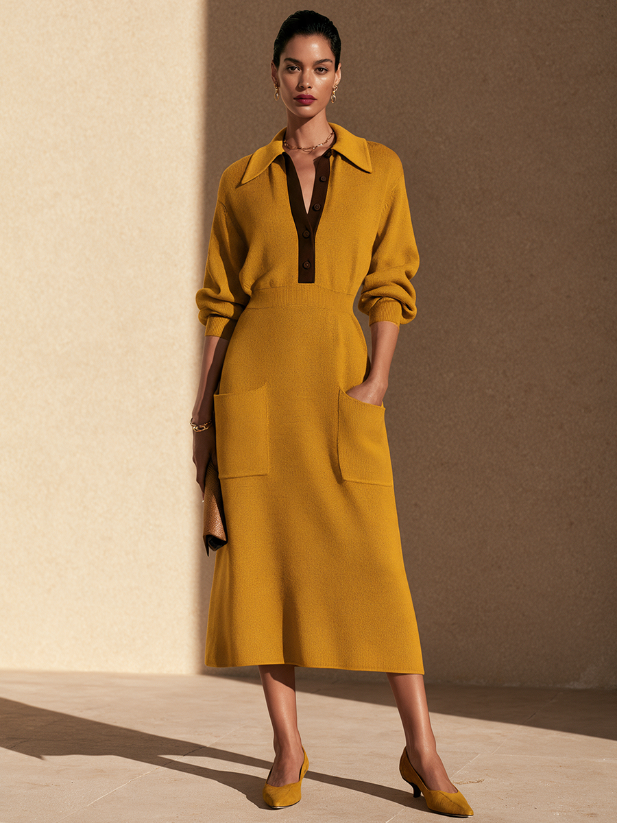 Women's Contrast Placket Collared Knit Midi Dress