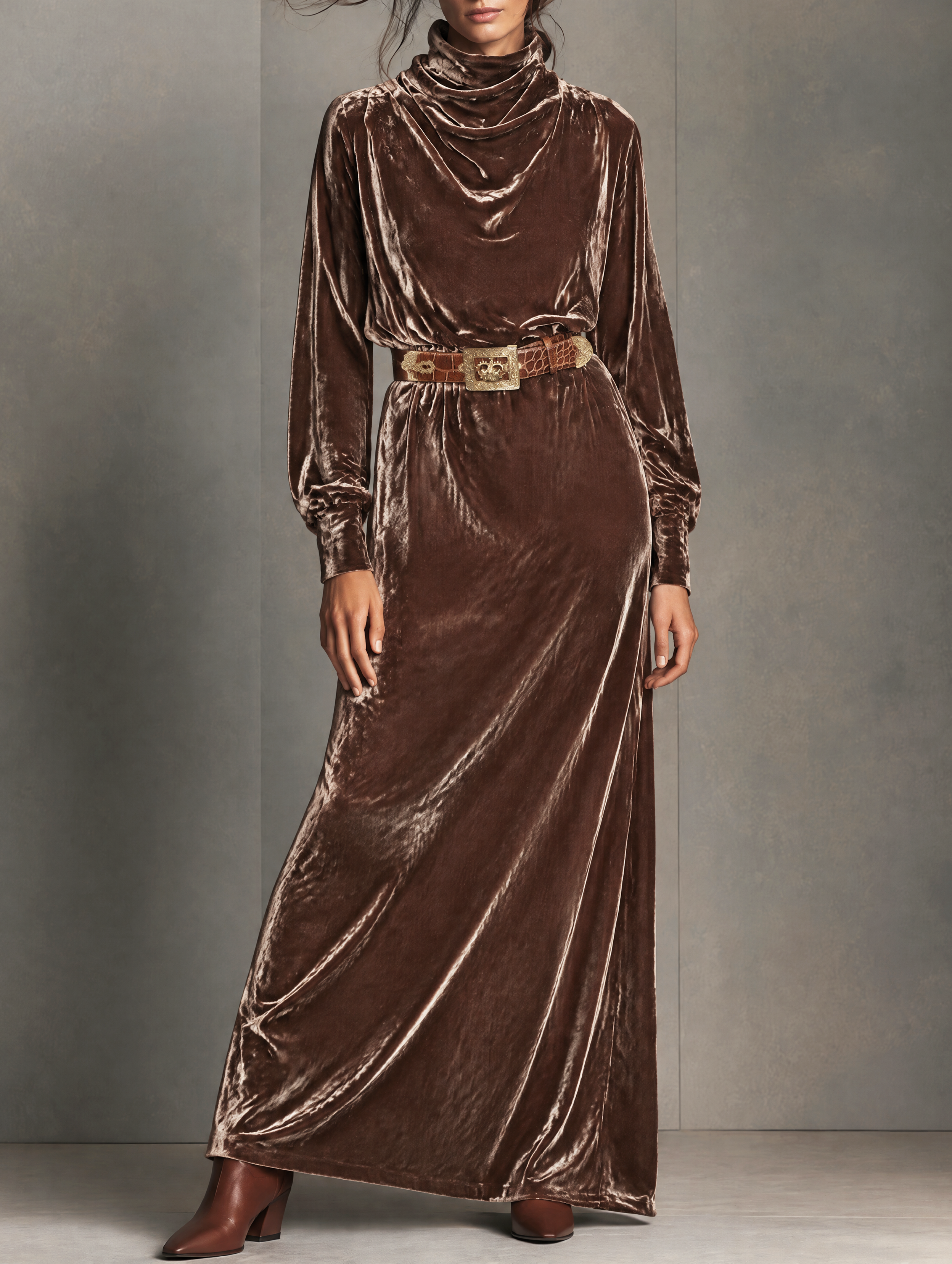 Women's Vintage Velvet Long-Sleeve Dress With Cowl Neck (Belt Not Included)