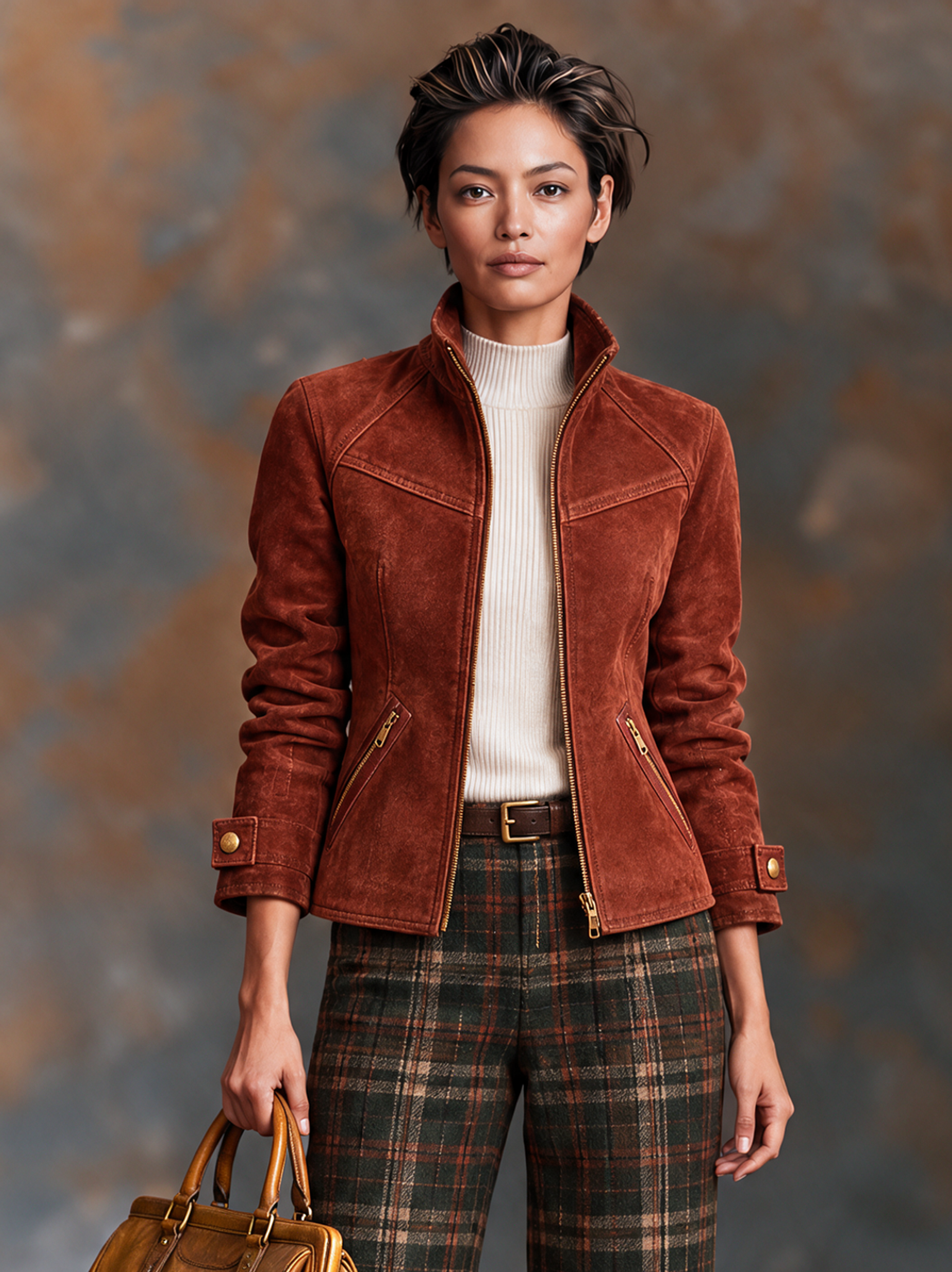 Women's Vintage Suede Zip-Up Jacket With Stand Collar