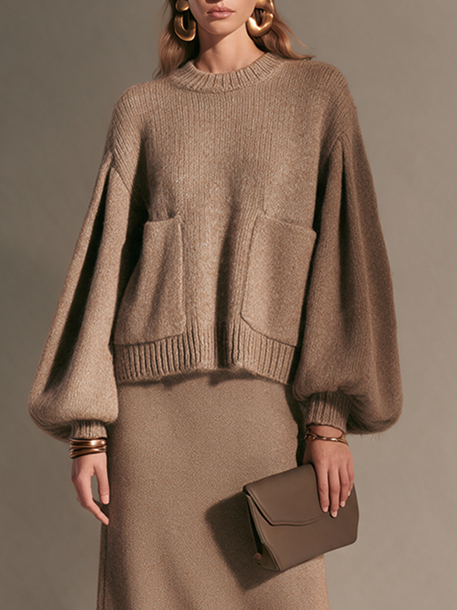 Women's Round-Neck Drop-Shoulder Blouson-Sleeve Twin-Pocket Wool-Knit Sweater