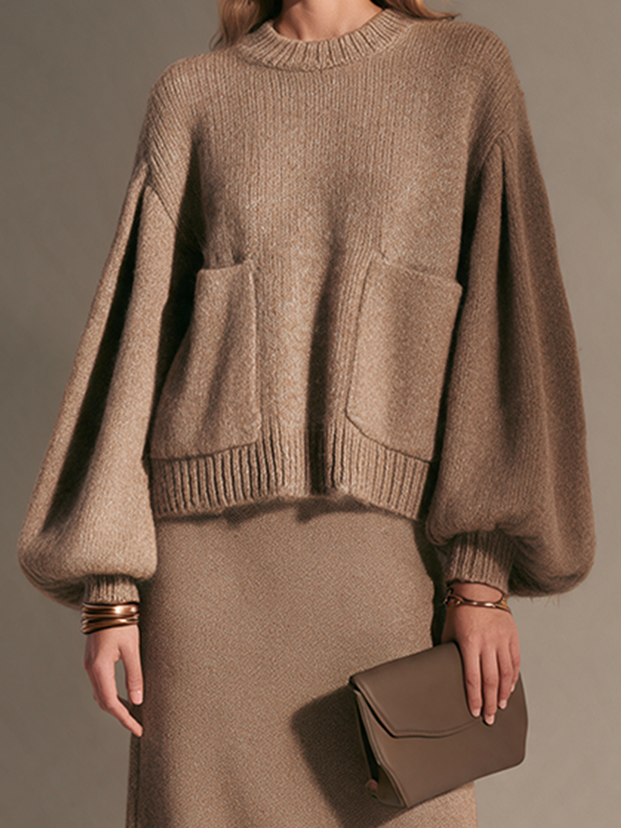 Women's Round-Neck Drop-Shoulder Blouson-Sleeve Twin-Pocket Wool-Knit Sweater