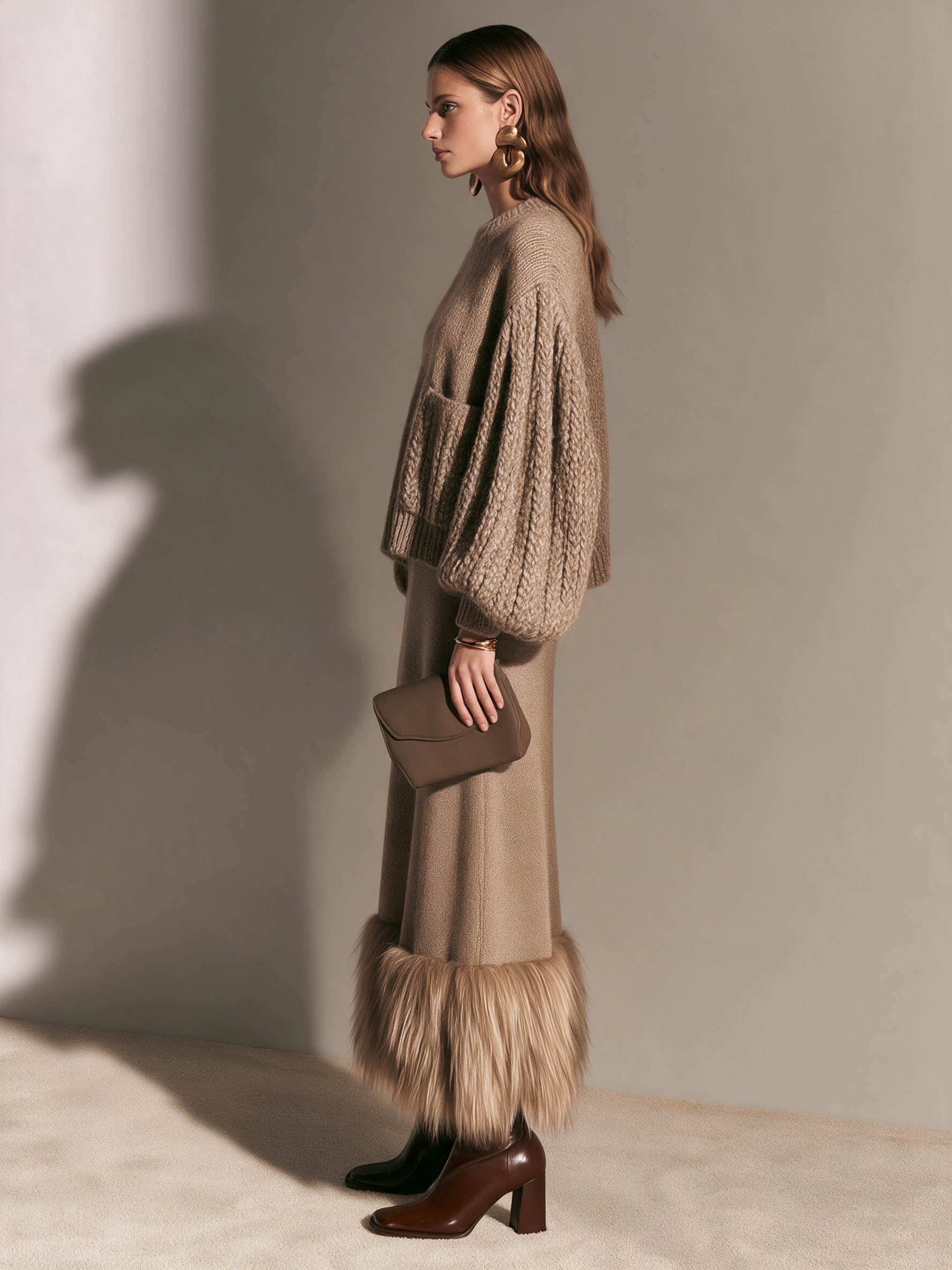 Women's High-Waisted Fur-Trim Hem Wool-Knit Straight Maxi Skirt
