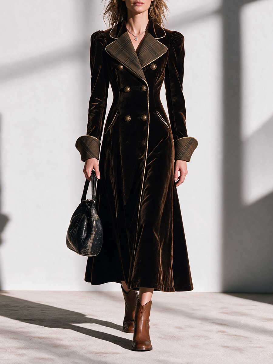 Women's Plaid-Collar Double-Breasted Cinched-Waist Velvet Longline Coat