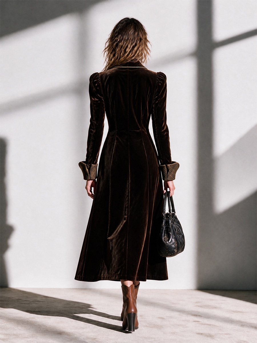 Women's Plaid-Collar Double-Breasted Cinched-Waist Velvet Longline Coat