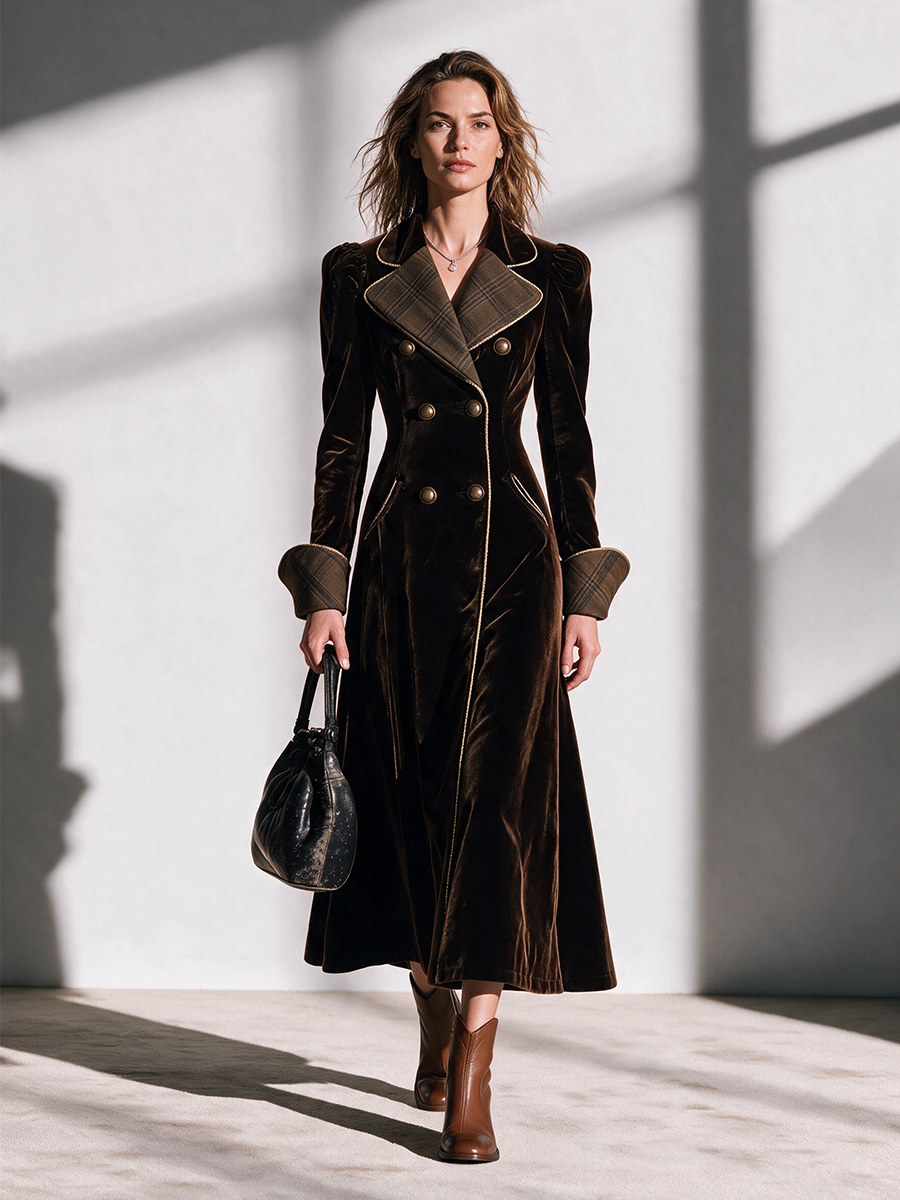 Women's Plaid-Collar Double-Breasted Cinched-Waist Velvet Longline Coat