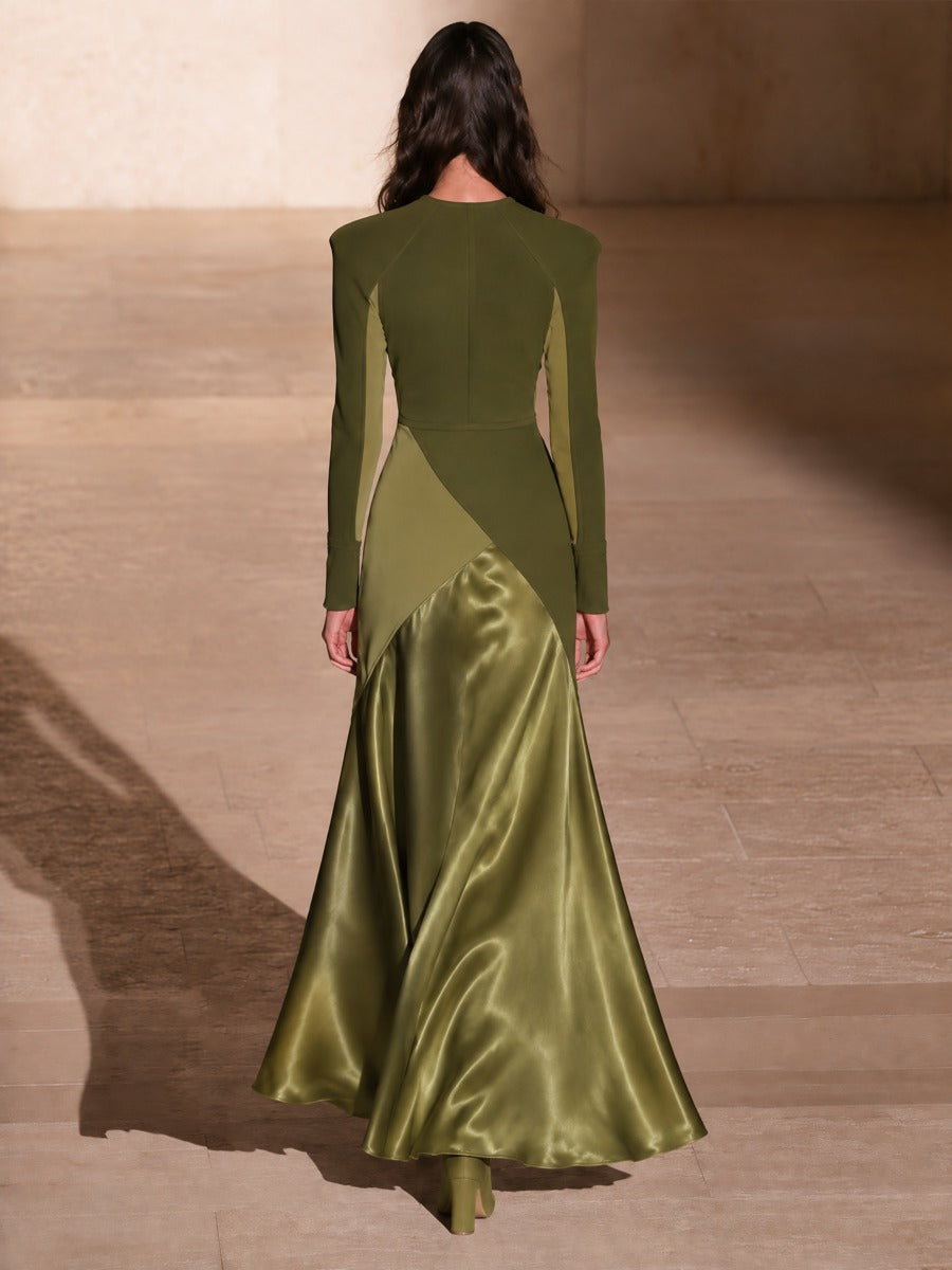 Women's Olive Green Keyhole Neck Long Sleeve Satin Panel Maxi Dress