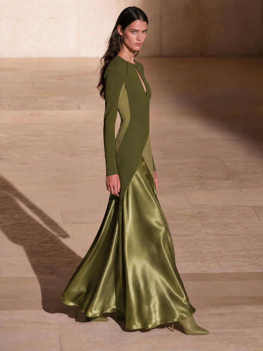 Women's Olive Green Keyhole Neck Long Sleeve Satin Panel Maxi Dress