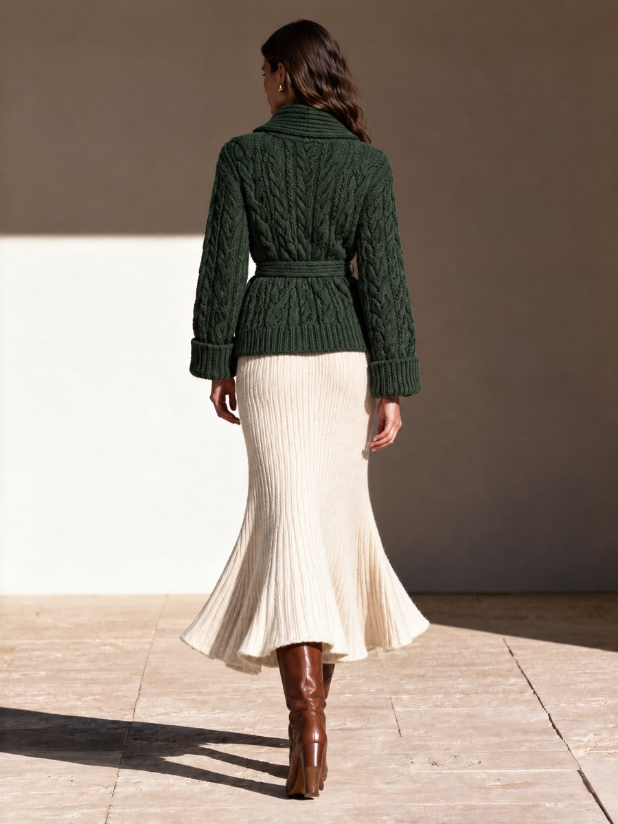 Women's High Waist Knit Midi Flare Skirt Cream Office Wear