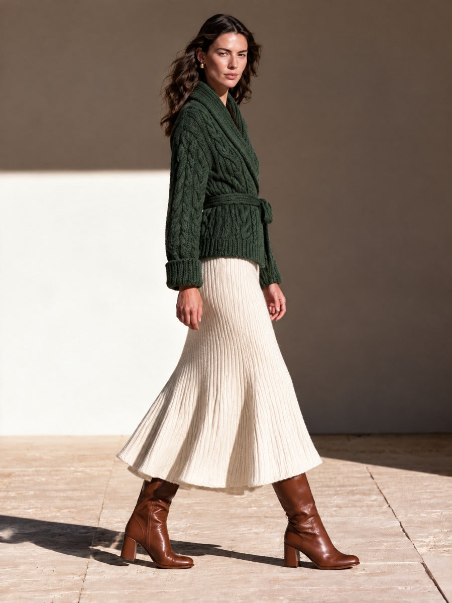 Women's High Waist Knit Midi Flare Skirt Cream Office Wear